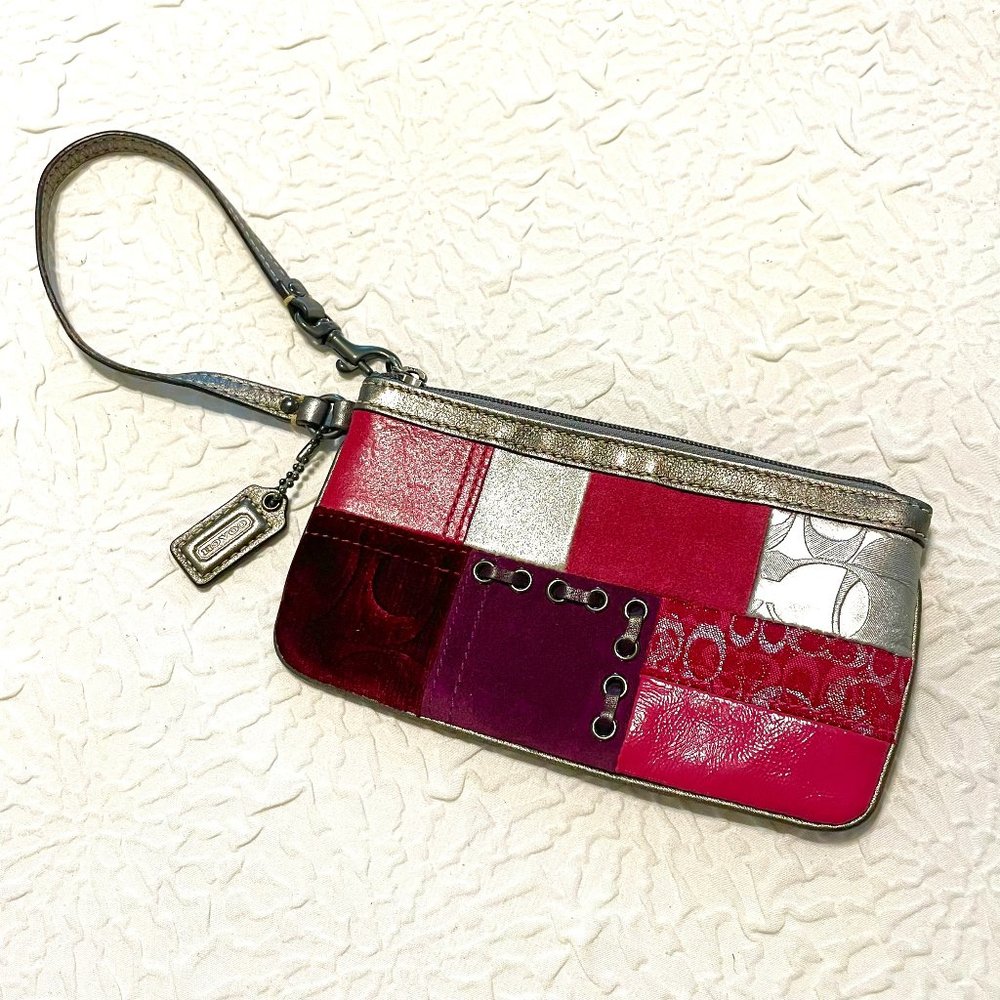 Coach Signature Pink Burgundy Leather Patchwork Wristlet